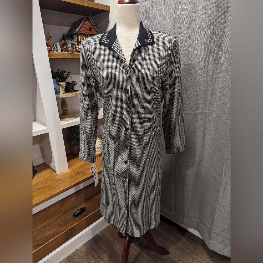 NWT Vintage Houndstooth Stretchy Button Front Midi Dress Size 10